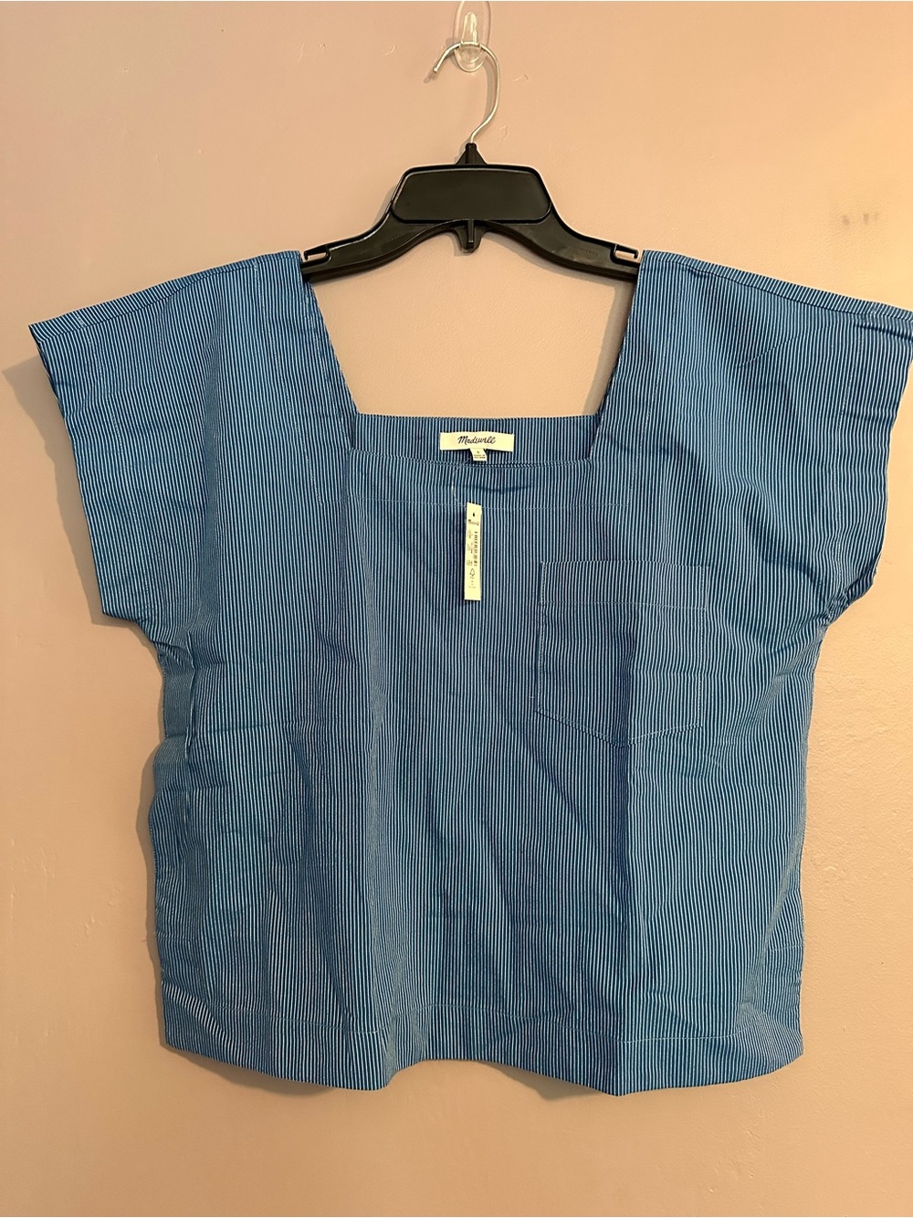 Madewell Blue Pinstripe Square-Neck Short Sleeve Top